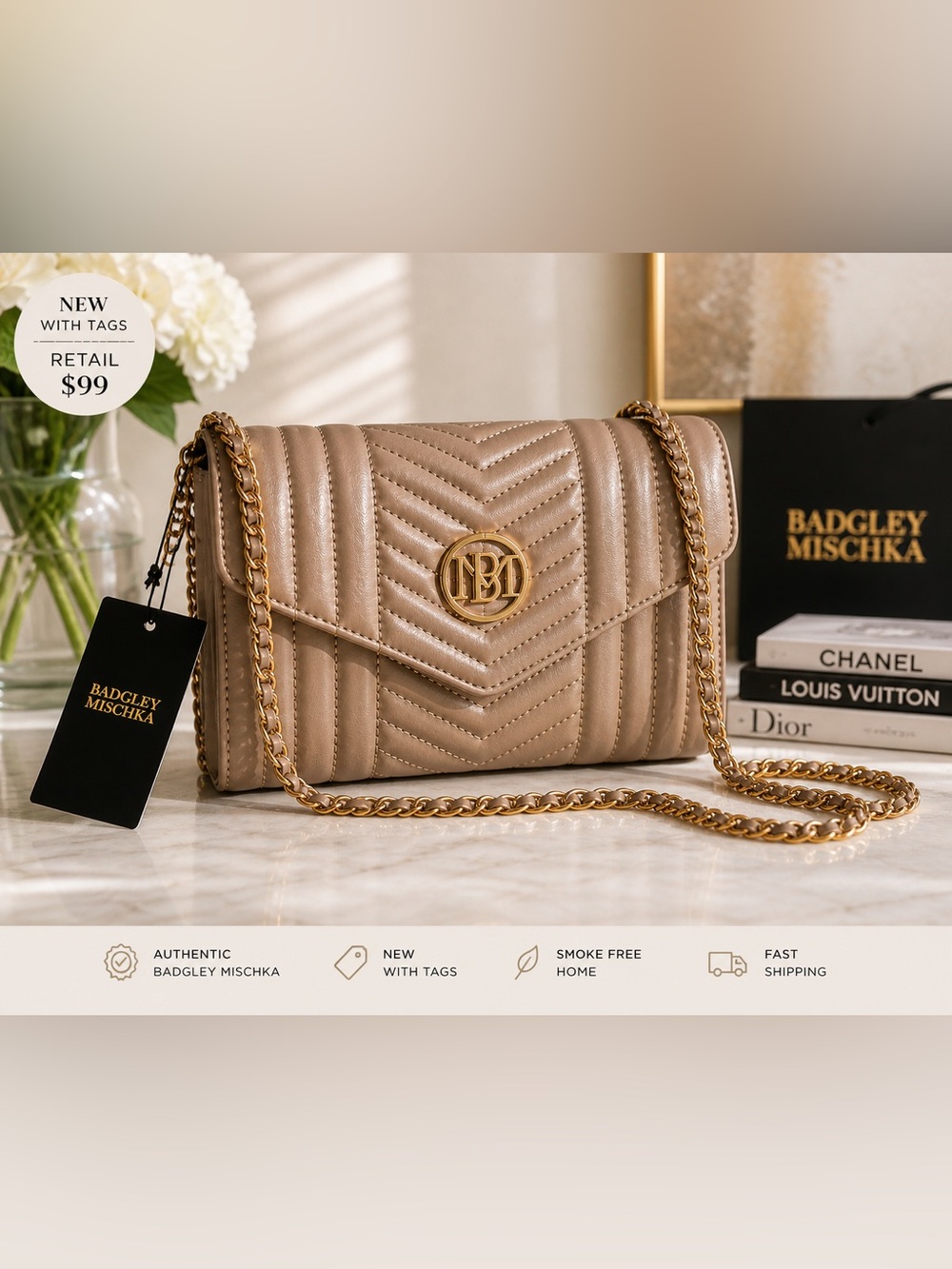 Badgley Mischka Taupe Quilted Crossbody Bag NWT Gold Chain Designer Purse Chic